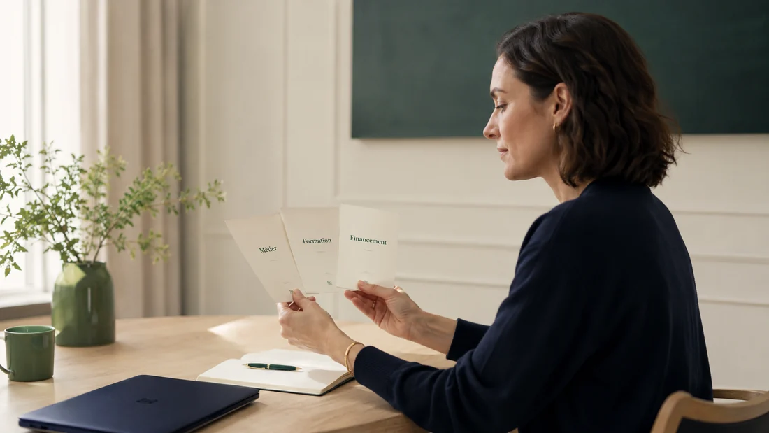 Comparer métier, formation et financement avant de décider Une personne adulte compare trois cartes Métier, Formation, Financement avant de choisir sa formation.