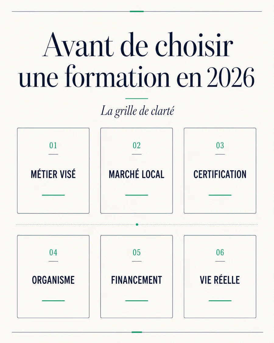 La grille de clarté — avant de choisir une formation en 2026 Grille de décision pour choisir une formation professionnelle en 2026 : métier visé, marché local, certification, organisme, financement, vie réelle.