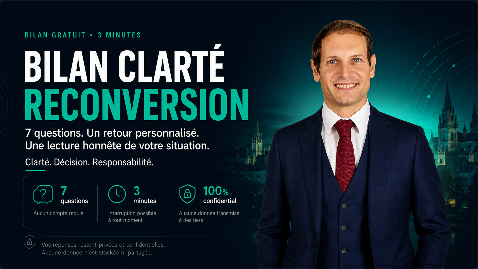 Bilan Clarté Reconversion gratuit — 7 questions, 3 minutes, retour personnalisé. Benjamin Duplaa accompagne les adultes en reconversion depuis 15 ans. Aucune création de compte, 100 % confidentiel.