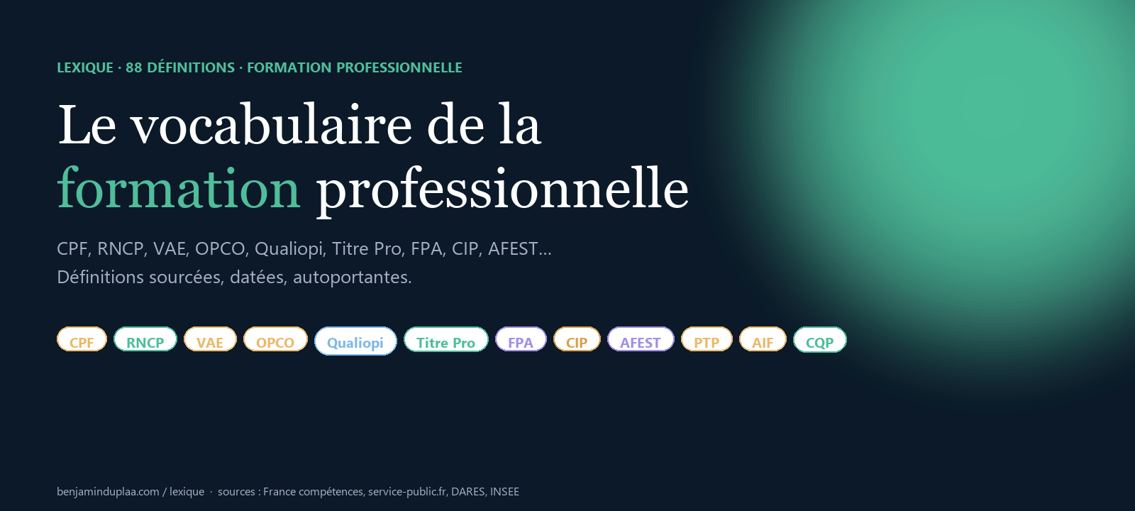 Lexique de la formation professionnelle 2026 : 131 définitions sourcées (CPF, RNCP, VAE, OPCO, Qualiopi, Titre Pro, FPA, CIP, AFEST, PTP, AIF, CQP). Sources France compétences, service-public.fr, DARES, INSEE.