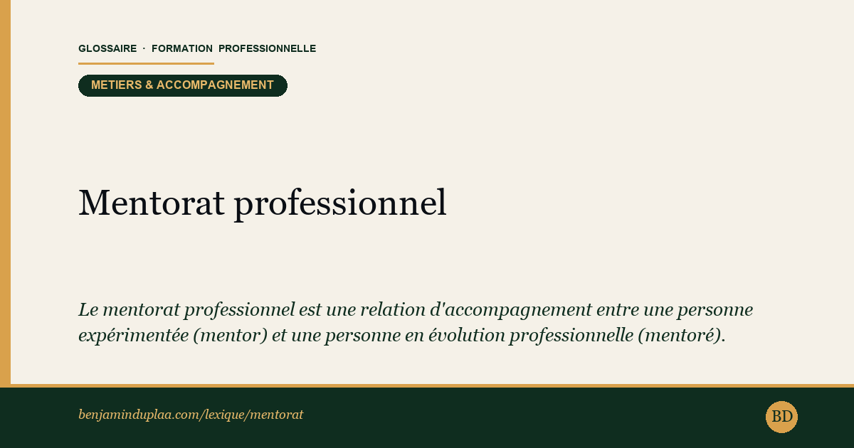Mentorat professionnel — Le mentorat professionnel est une relation d'accompagnement entre une personne expérimentée (mentor) et une personne en évolution …
