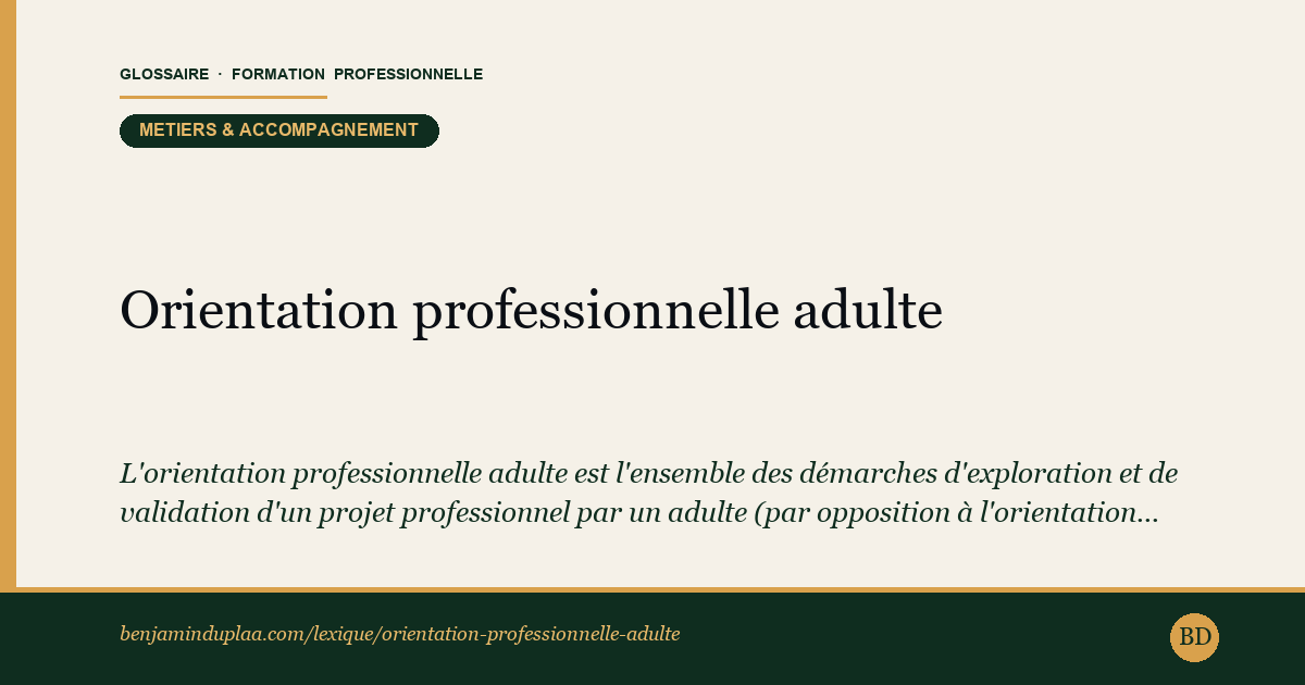 Orientation professionnelle adulte — L'orientation professionnelle adulte est l'ensemble des démarches d'exploration et de validation d'un projet professionnel par un …